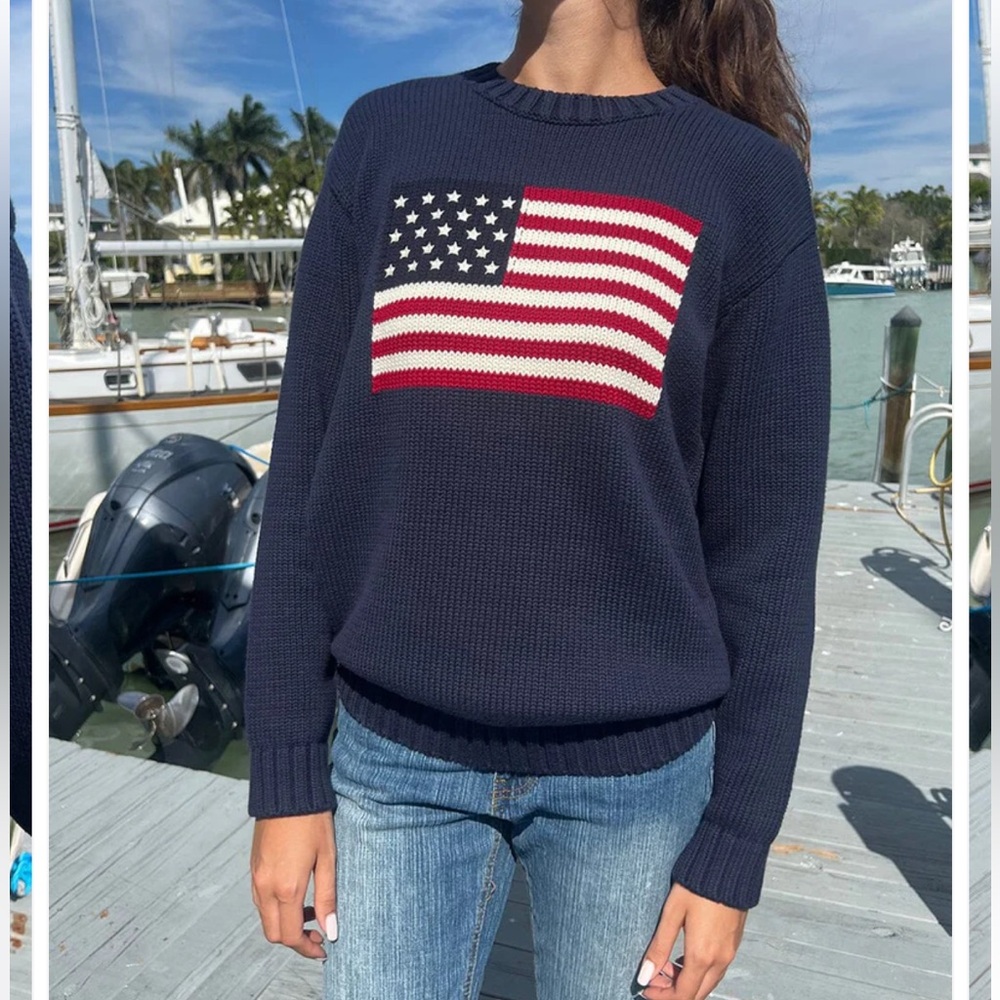 Brandy Melville Navy Crewneck Sweater with Flag Design